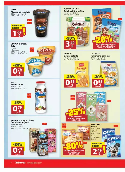Ribola katalog — stranica 10: ULTRA FIT Kukuruzne pahuljice, PODRAVKA Lino Čokolino Žitna kašica, FRANCK Instant palenta, VINDIJA 'z bregov Disney Čokoladno mlijeko (vrijedi 17. 06. 2026.–23. 06. 2026.)