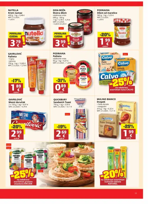 Ribola katalog — stranica 11: Podravka Pašteta odabrane vrste, Mulino Bianco Dvopek Fette dorate/Integralni, Gavrilović Mesni doručak, Podravka Džem od marelice (vrijedi 17. 06. 2026.–23. 06. 2026.)