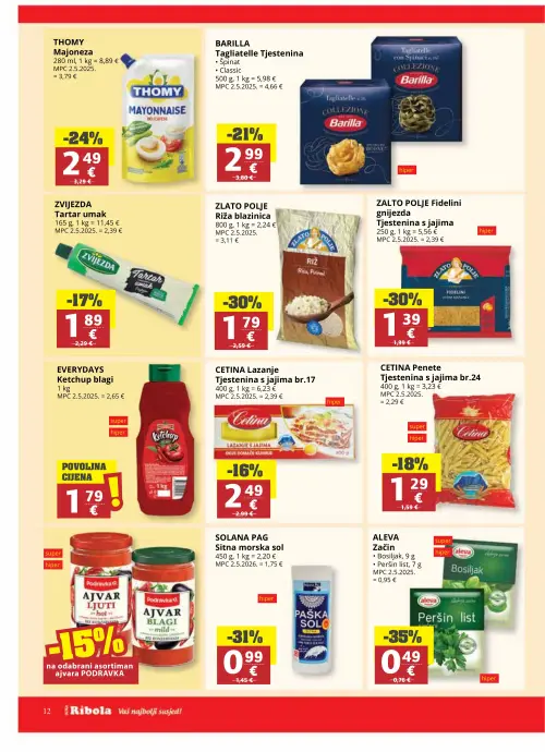 Ribola katalog — stranica 12: Aleva Začin (Bosiljak, Peršin list), Solana Pag Sitna morska sol, Zlato polje Riža blazinica, Zlato polje Fidelini gnijezda Tjestenina s jajima (vrijedi 17. 06. 2026.–23. 06. 2026.)