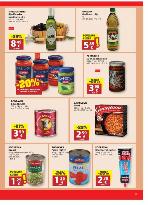 Ribola katalog — stranica 13: MARINA Ekstra djevičansko maslinovo ulje, GAVRILOVIĆ Fileki, PODRAVKA Koncentrat rajčice, PODRAVKA Pelati rajčice (vrijedi 17. 06. 2026.–23. 06. 2026.)