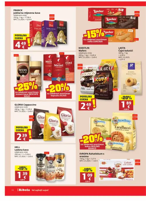 Ribola katalog — stranica 14: Lasta Čajni kolutići, Evropa Rahatlokum s orasima, Hell Ledena kava, Franck Jubilarna mljevena kava (vrijedi 17. 06. 2026.–23. 06. 2026.)