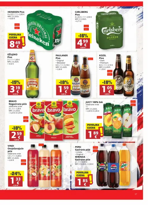 Ribola katalog — stranica 17: Vindi Vindi Osvježavajuće piće, Bravo Bravo Negazirano piće, Kozel Kozel Pivo (Dark, Premium), Paulaner Paulaner Pivo (Original, Weissbier) (vrijedi 17. 06. 2026.–23. 06. 2026.)