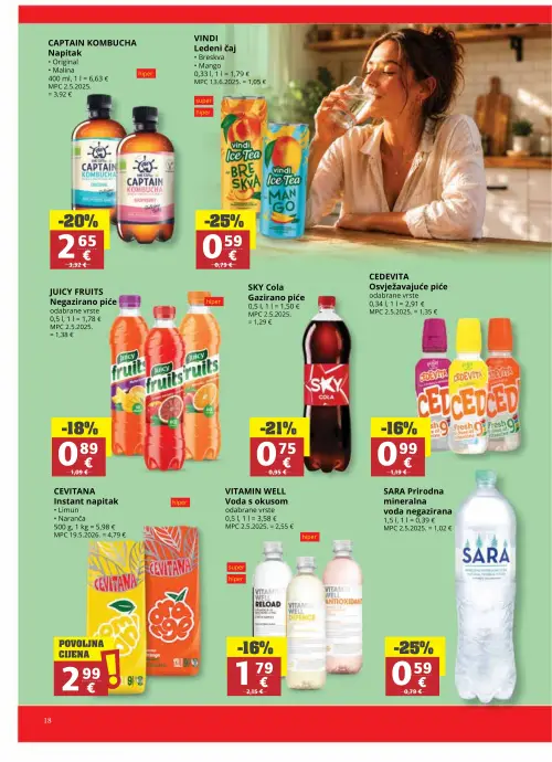 Ribola katalog — stranica 18: Vindi Vindi Ledeni čaj (Breskva, Mango), Sara Sara prirodna negazirana mineralna voda, Sky Sky Cola gazirano piće, Captain Kombucha Captain Kombucha napitak (Original, Malina) (vrijedi 17. 06. 2026.–23. 06. 2026.)