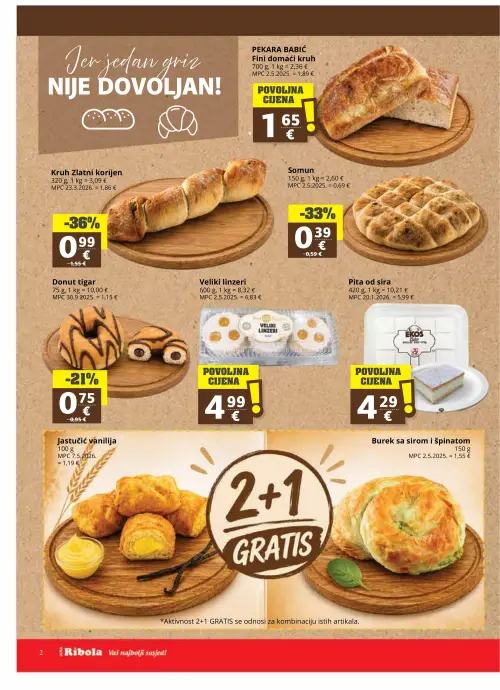 Ribola katalog — stranica 2: Kruh Zlatni korijen, Somun, Donut tigar, Ekos Pita od sira (vrijedi 17. 06. 2026.–23. 06. 2026.)