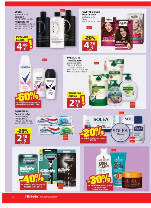 Ribola katalog — stranica 20: AQUAFRESH Pasta za zube Fresh & Minty / Mild & Minty, PALETTE Deluxe Boja za kosu, SYOSS Šampon ili Regenerator, PALMOLIVE Tekući sapun (vrijedi 17. 06. 2026.–23. 06. 2026.)