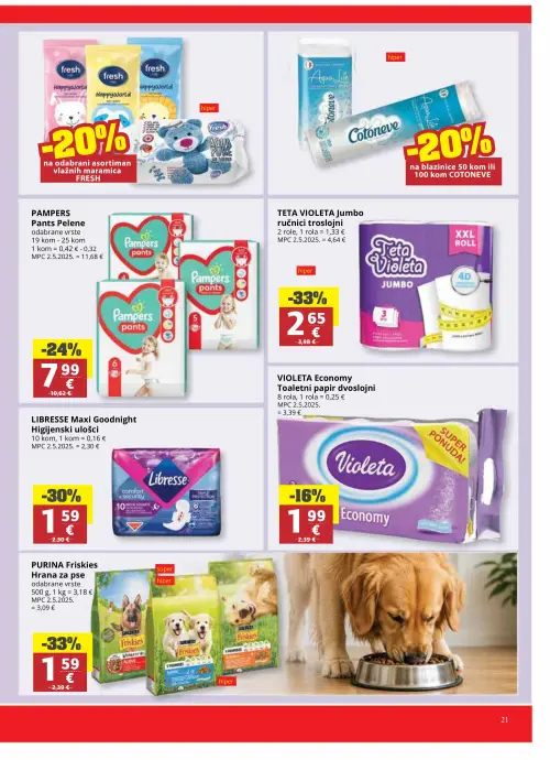 Ribola katalog — stranica 21: Purina Friskies Hrana za pse odabrane vrste, Teta Violeta Jumbo ručnici troslojni, Libresse Maxi Goodnight Higijenski ulošci, Pampers Pants Pelene (vrijedi 17. 06. 2026.–23. 06. 2026.)