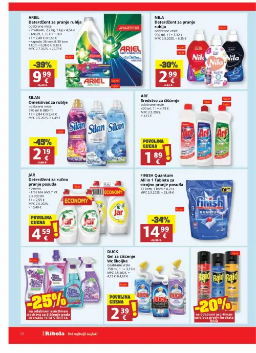 Ribola katalog — stranica 22: SILAN Omekšivač za rublje, odabrane vrste, ARIEL Deterdžent za pranje rublja, odabrane vrste, FINISH Quantum All in 1 Tablete za strojno pranje posuđa, NILA Deterdžent za pranje rublja, odabrane vrste (vrijedi 17. 06. 2026.–23. 06. 2026.)