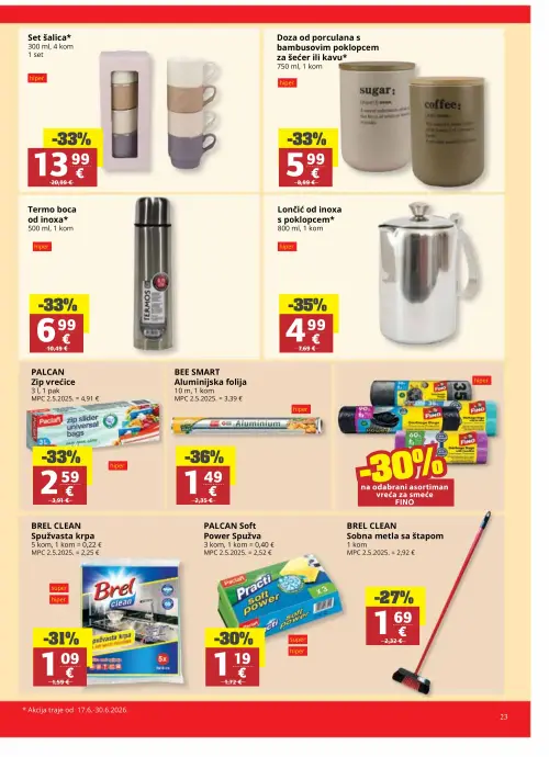 Ribola katalog — stranica 23: BEE SMART Aluminijska folija, Lončić od inoxa s poklopcem, PALCAN Zip vrećice, Doza od porculana s bambusovim poklopcem za šećer ili kavu (vrijedi 17. 06. 2026.–23. 06. 2026.)