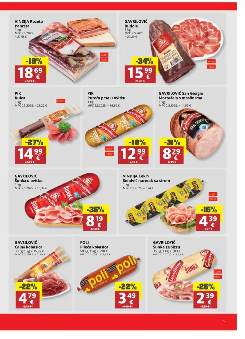 Ribola katalog — stranica 5: GAVRILOVIĆ Šunka u ovitku, GAVRILOVIĆ Buđola, GAVRILOVIĆ San Giorgio Mortadela s maslinama, PIK Kulen (vrijedi 17. 06. 2026.–23. 06. 2026.)