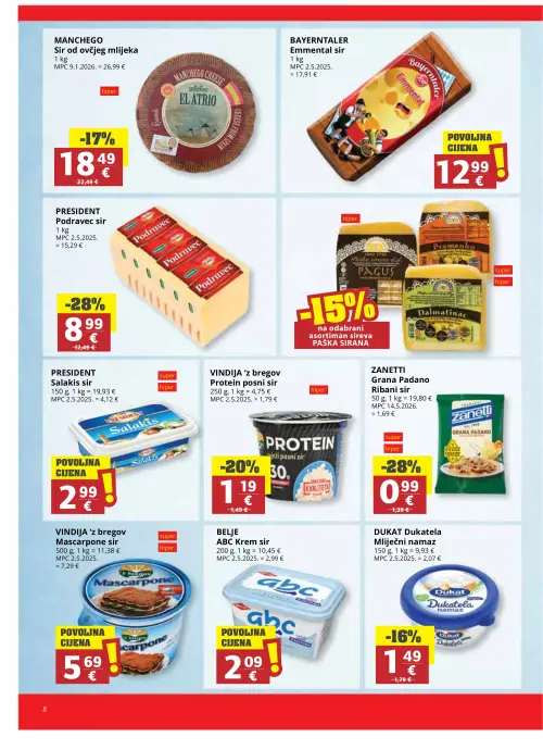 Ribola katalog — stranica 8: Zanetti Grana Padano ribani sir, President Podravec sir, Vindija 'z bregov Protein posni sir, El Atrio Manchego sir od ovčjeg mlijeka (vrijedi 17. 06. 2026.–23. 06. 2026.)