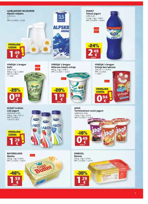 Ribola katalog — stranica 9: BAYERNLAND Maslac, OMEGOL Namaz, VINDIJA 'z bregov Kefir 3,5% m.m., DUKAT Tekući jogurt 2,8% m.m. (vrijedi 17. 06. 2026.–23. 06. 2026.)