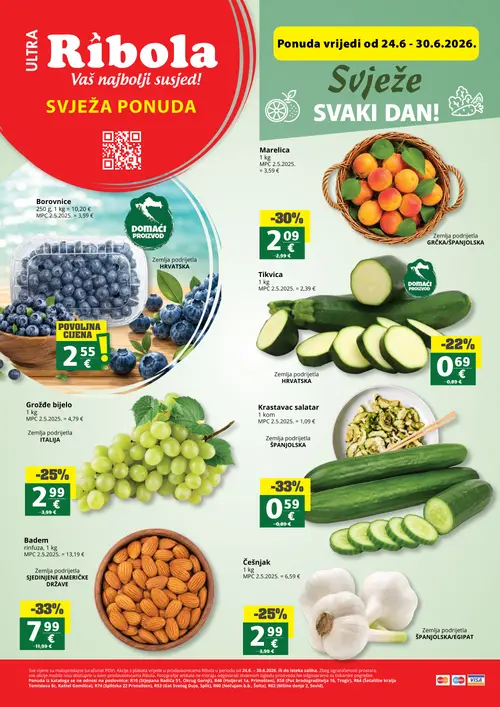 Ribola katalog — stranica 1: Krastavac salatar, Badem, Marelica, Grožđe bijelo (vrijedi 24. 06. 2026.–30. 06. 2026.)
