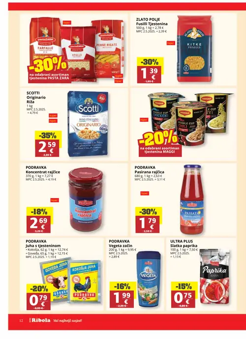 Ribola katalog — stranica 12: Scotti Originario Riža, Podravka Pasirana rajčica, Zlato Polje Fusilli Tjestenina, Podravka Juha (vrijedi 24. 06. 2026.–07. 07. 2026.)
