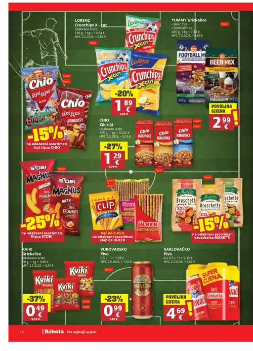 Ribola katalog — stranica 16: KViki Kikiriki, CHIO Kikiriki, VUKOVARSKO Pivo, LORENZ Crunchips X-cut (vrijedi 24. 06. 2026.–07. 07. 2026.)
