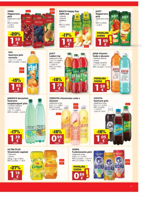 Ribola katalog — stranica 17: ULTRA PLUS ULTRA PLUS Vitaminsjki napitak, VINDI VINDI Negazrazirano piće, JUICY JUICY Ledeni čaj, JAMNICA JAMNICA Sensation Gazirano osvježavajuće piće (vrijedi 24. 06. 2026.–07. 07. 2026.)