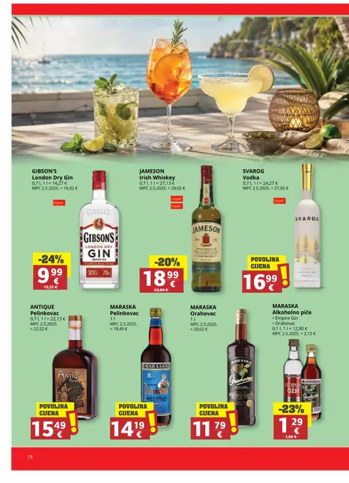 Ribola katalog — stranica 18: MARASKA MARASKA Orahovac, ANTIQUE ANTIQUE Pelinkovac, GIBSON'S GIBSON'S London Dry Gin, MARASKA MARASKA Alkoholno piće Empire Gin (vrijedi 24. 06. 2026.–07. 07. 2026.)