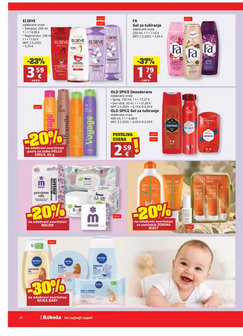Ribola katalog — stranica 20: FA Gel za tuširanje, ELSEVE Šampon, 250 ml, ELSEVE Regenerator, 200 ml, OLD SPICE Dezodorans (vrijedi 24. 06. 2026.–07. 07. 2026.)