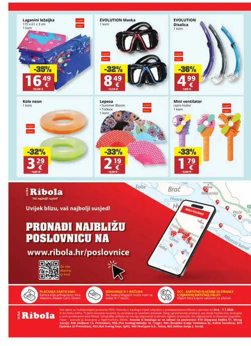 Ribola katalog — stranica 24: EVOLUTION Disalica, Laganini ležaljka, Mini ventilator razni motivi, Lepeza Summer Bloom (vrijedi 24. 06. 2026.–07. 07. 2026.)