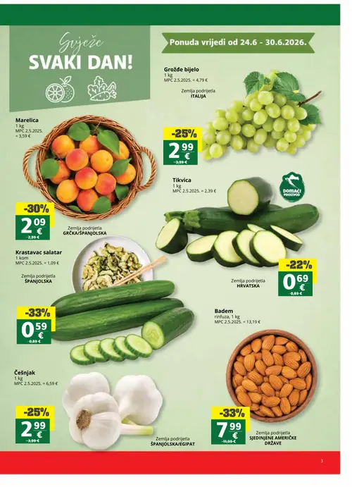 Ribola katalog — stranica 3: Krastavac salatar, Badem rinfuza, Marelica, Grožđe bijelo (vrijedi 24. 06. 2026.–07. 07. 2026.)