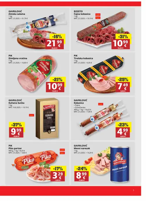Ribola katalog — stranica 5: GAVRILOVIĆ Kuhana šunka, ROZETO Čajna kobasica, PIK Tirolska kobasica, GAVRILOVIĆ Mesni narezak (vrijedi 24. 06. 2026.–07. 07. 2026.)