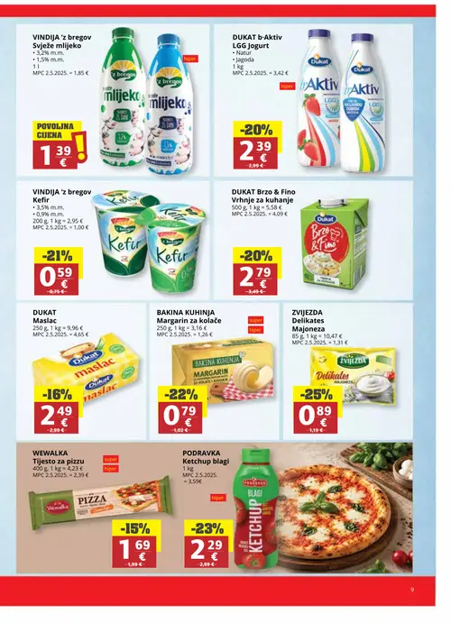 Ribola katalog — stranica 9: ZVIJEZDA Delikates Majoneza, PODRAVKA Ketchup blagi, BAKINA KUHINJA Margarin za kolače, VINDĲA 'z bregov Kefir (vrijedi 24. 06. 2026.–07. 07. 2026.)