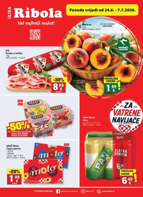 Ribola katalog — stranica 1: KRAŠ Moto Čajno pecivo, Breskva, PAN Zlatni Pivo, PAN Zlatni Pivo (vrijedi 01. 07. 2026.–07. 07. 2026.)