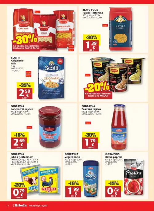 Ribola katalog — stranica 12: Scotti Originario Riža, Podravka Pasirana rajčica, Zlato polje Tjestenina Fusilli, Podravka Juha s tjesteninom (vrijedi 01. 07. 2026.–07. 07. 2026.)