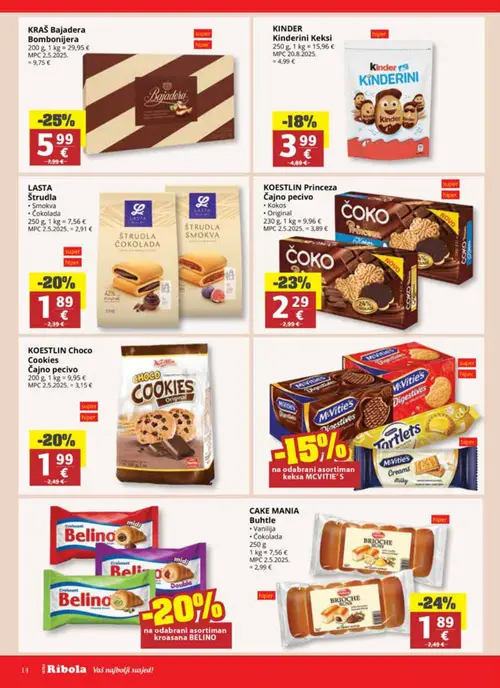 Ribola katalog — stranica 14: KRAŠ Bajadera Bombonijera, KINDER KINDER Kinderini Keksi, LAST LASTA Štrudla - Smokva (vrijedi 01. 07. 2026.–07. 07. 2026.)