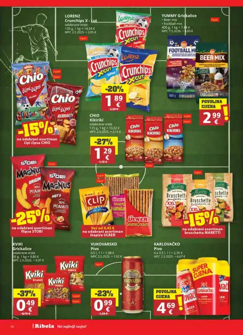 Ribola katalog — stranica 16: KVKI Grickalice, CHIO Kikiriki, VUKOVARSKO Pivo, LORENZ Crunchips X-cut (vrijedi 01. 07. 2026.–07. 07. 2026.)