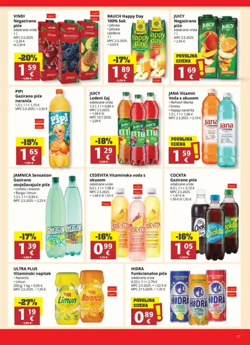 Ribola katalog — stranica 17: HIDRA HIDRA Funkcionalno piće, ULTRA PLUS ULTRA PLUS Vitaminski napitak, JANA JANA Vitamin Voda s okusom, Vindi Vindi Negazirano piće (vrijedi 01. 07. 2026.–07. 07. 2026.)