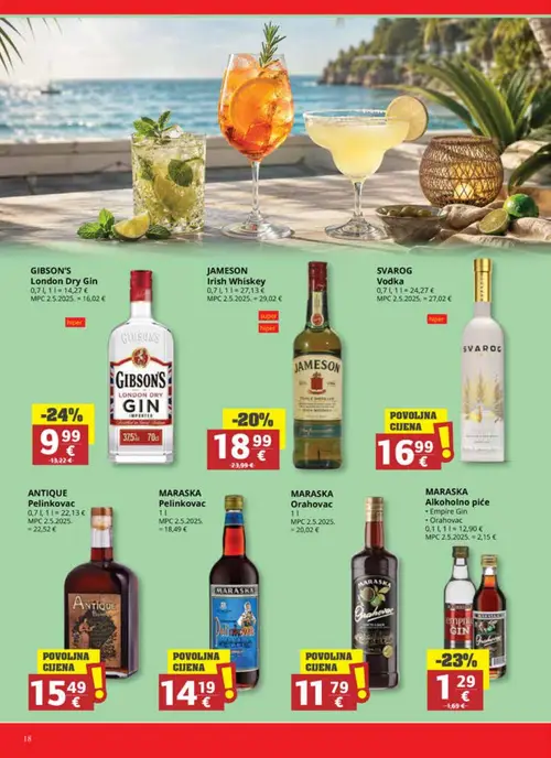 Ribola katalog — stranica 18: MARASKA Orahovac, ANTIQUE Pelin kovac, GIBSON'S London Dry Gin, MARASKA Alkoholno piće Empire Gin (vrijedi 01. 07. 2026.–07. 07. 2026.)