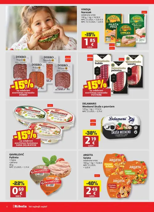Ribola katalog — stranica 6: GAVRILOVIĆ Pašteta, Vindija Narezak, ARGETA Chicken Pikant, ARGETA Veggie Harmony (vrijedi 01. 07. 2026.–07. 07. 2026.)