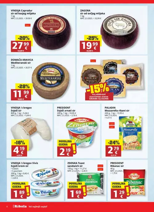 Ribola katalog — stranica 8: Kravica Domaća kravica Mediteranski sir, ZAGORA Zagora sir od ovčjeg mlijeka, PALADIN Paladin Mozzarella ribani sir, VIND Vindija Caprodur sir od kozjeg mlijeka (vrijedi 01. 07. 2026.–07. 07. 2026.)