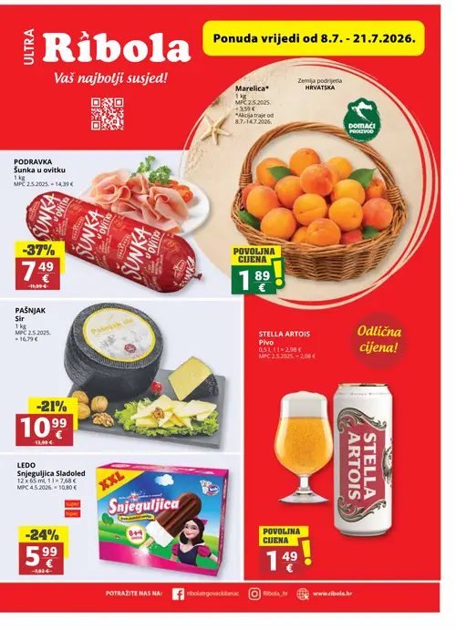 Ribola katalog — stranica 1: PODRAVKA Šunka u omotu, STELLA ARTOIS Pivo, LEDO Snjeugljica Sladoled, PAŠNJAK Sir (vrijedi 08. 07. 2026.–21. 07. 2026.)