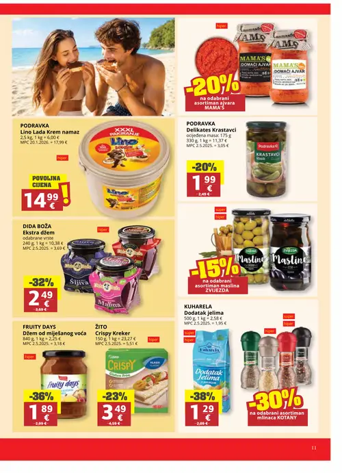 Ribola katalog — stranica 11: Kuharela Dodatak jelima, Fruity Days Džem od miješanog voća, Dida Boža Ekstra džem, Žito Crispy Kreker (vrijedi 08. 07. 2026.–21. 07. 2026.)