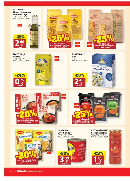 Ribola katalog — stranica 12: PODRAVKA Goveđi gulaš, ROSSO GARGANO Pasirana rajčica, ZLATOPOLJE Riža, CASOLARE Ekstra djevičansko maslinovo ulje (vrijedi 08. 07. 2026.–21. 07. 2026.)