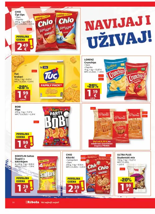 Ribola katalog — stranica 16: KOESTLIN KOESTLIN Saltas Štapići s kikirikijem, TUC TUC Krekere, CHIO CHIO Kikiriki, LORENZ LORENZ Crunchips (vrijedi 08. 07. 2026.–21. 07. 2026.)