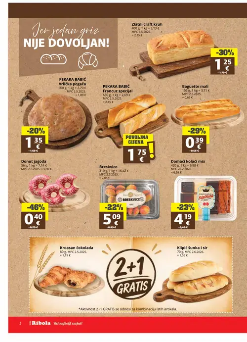 Ribola katalog — stranica 2: Domači kolači mix, Breskvice, Donut jagoda, PEKARA BOBIĆ Vrlička pogača (vrijedi 08. 07. 2026.–21. 07. 2026.)