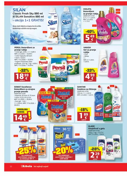 Ribola katalog — stranica 22: VIOLETA VIOLETA Deterdžent za pranje rublja, VANISH VANISH Gel za pranje rublja, PERSIL PERSIL Deterdžent za pranje rublja, GLADE GLADE Osvježivač u gelu (vrijedi 08. 07. 2026.–21. 07. 2026.)