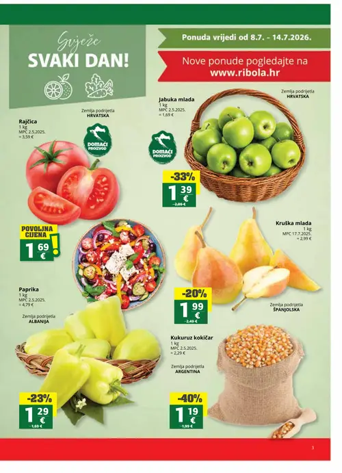 Ribola katalog — stranica 3: Kukuruz kožičar, Jabuka mlada, Paprika, Kruška mlada (vrijedi 08. 07. 2026.–21. 07. 2026.)