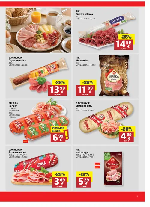 Ribola katalog — stranica 5: GAVRILOVIĆ Šunka za pizzu, GAVRILOVIĆ Čajna kobasica, PIK Zimska salama, PIK Fina šunka (vrijedi 08. 07. 2026.–21. 07. 2026.)