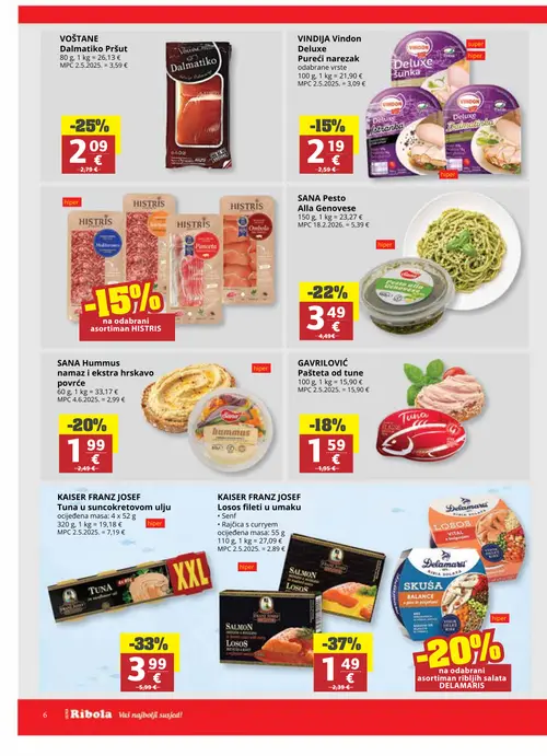Ribola katalog — stranica 6: KAISER FRANZ JOSEF Losos fileti u umaku, KAISER FRANZ JOSEF Tuna u suncokretovom ulju, VOŠTANE Dalmatiko Pršut, DELAMARIS asortiman ribljih salata (vrijedi 08. 07. 2026.–21. 07. 2026.)