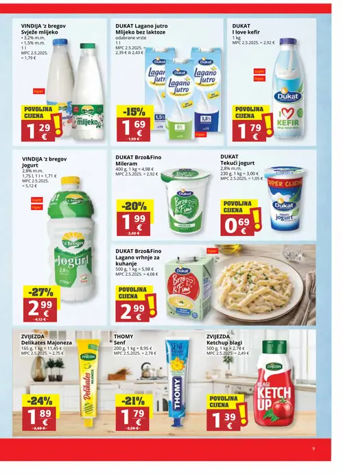 Ribola katalog — stranica 9: VIND. 'z bregov VIND. 'z bregov Jogurt, ZVIJEZDA ZVIJEZDA Delikates Majoneza, THOMY THOMY Senf, DUKAT DUKAT Brzo&Fino Mileram (vrijedi 08. 07. 2026.–21. 07. 2026.)