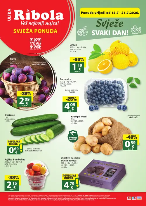 Ribola katalog — stranica 1: Krumpir, Šljiva, Rajska Rajčica Bumbolino, Borovnica (vrijedi 15. 07. 2026.–21. 07. 2026.)