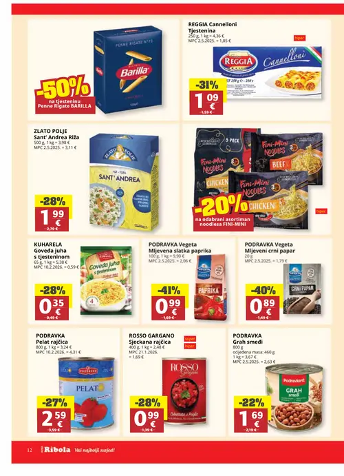 Ribola katalog — stranica 12: Mljevena slatka paprika, Mljeveni crni papar, REGGIA Cannelloni, Sjeckana rajčica (vrijedi 22. 07. 2026.–04. 08. 2026.)