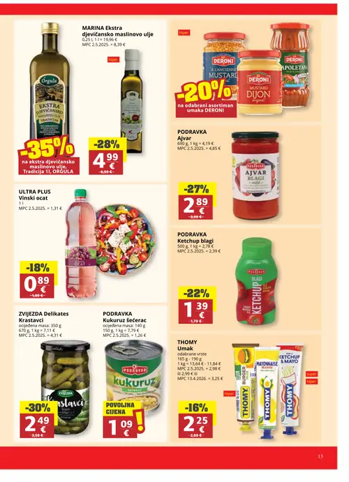 Ribola katalog — stranica 13: ZVIJEZDA Krastavci, PODRAVKA Ketchup blagi, ORGULA Ekstra djevičansko maslinovo ulje, Tradicija, THOMY Umaci (vrijedi 22. 07. 2026.–04. 08. 2026.)