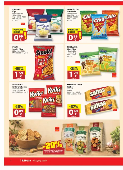 Ribola katalog — stranica 16: PODRAVKA PODRAVKA Lino Flips, KOESTLIN KOESTLIN Saltas Kreker, ŠTARK ŠTARK Smoki Flips, PODRAVKA PODRAVKA Kviki Grickalice (vrijedi 22. 07. 2026.–04. 08. 2026.)