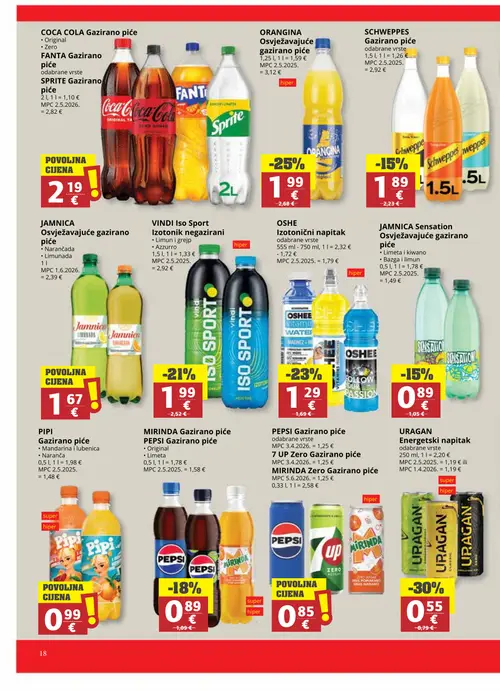 Ribola katalog — stranica 18: URAGAN Energetski napitak odabrane vrste, PEPSI Gazirano piće odabrane vrste, ORANGINA Osvježavajuće gazirano piće, MIRINDA Gazirano piće PEPSI Gazirano piće Original (vrijedi 22. 07. 2026.–04. 08. 2026.)