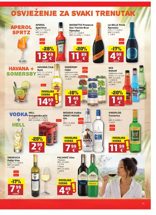 Ribola katalog — stranica 19: VINOPLOD VINOPLOD Travarica, APEROL APEROL Spritz Aperitivo, HELL HELL Energetsko piće, MIONETTO MIONETTO Prosecco Doc Treviso Brut Pjenušac (vrijedi 22. 07. 2026.–04. 08. 2026.)