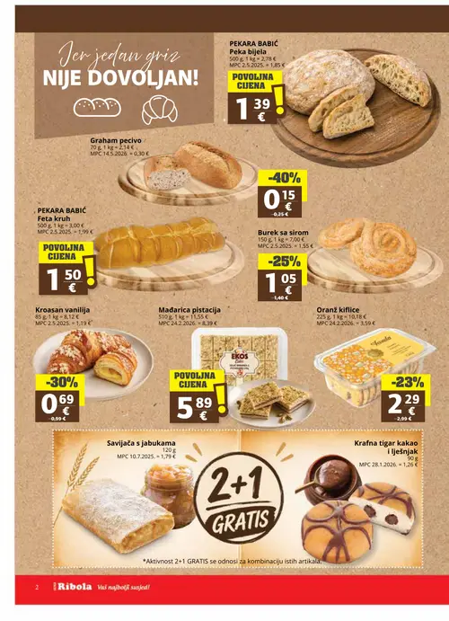 Ribola katalog — stranica 2: Kroasan vanilija, Burek sa sirom, Oranž kiflice, Krafna (vrijedi 22. 07. 2026.–04. 08. 2026.)